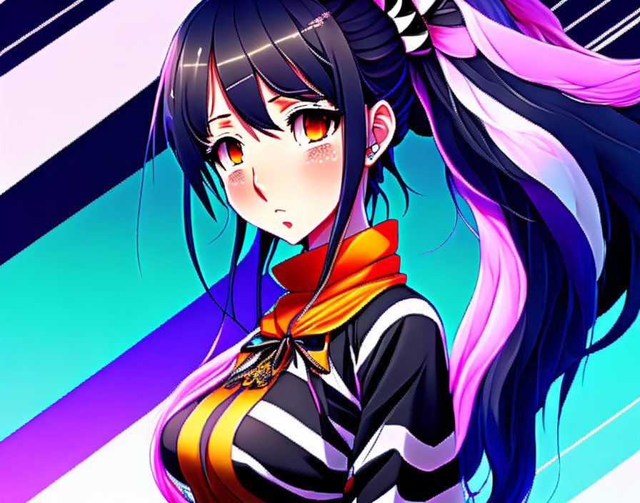 Character with Long Black Hair and Orange Eyes in Black and Orange Uniform on Striped Blue and Purple Background