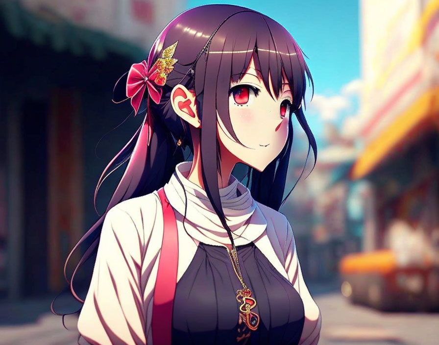 Anime girl with long dark hair, red flower, red eyes, white blouse