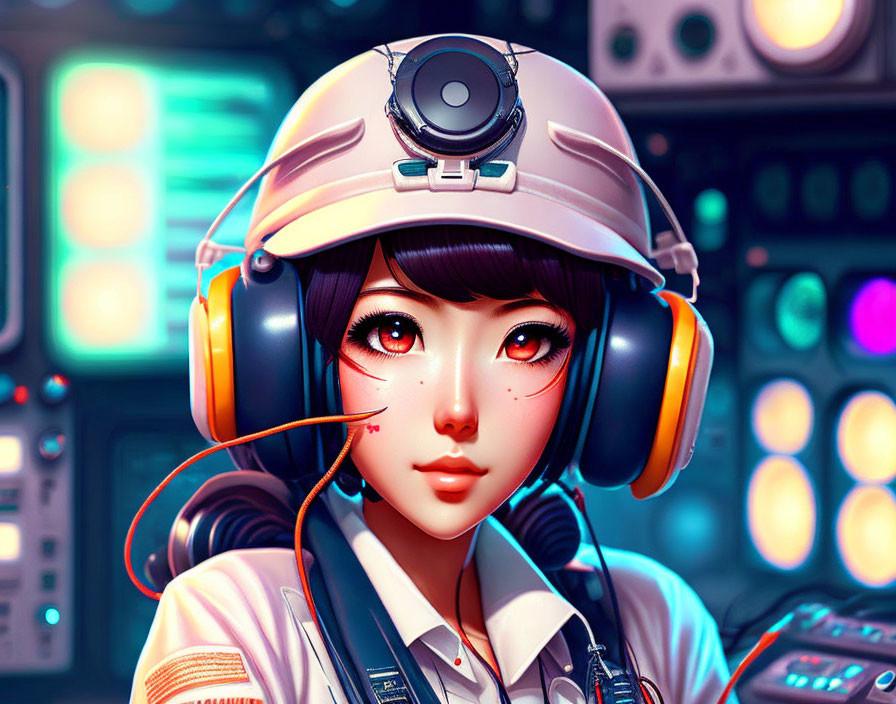 Animated character with large eyes, headphones, helmet, and control panel.