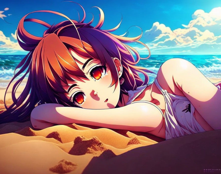 Orange-Haired Animated Character Relaxing on Sunny Beach