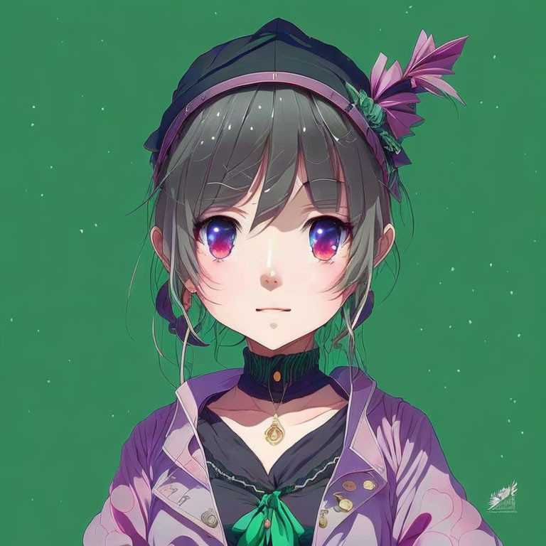 Anime girl with large purple eyes in purple outfit and flower headband