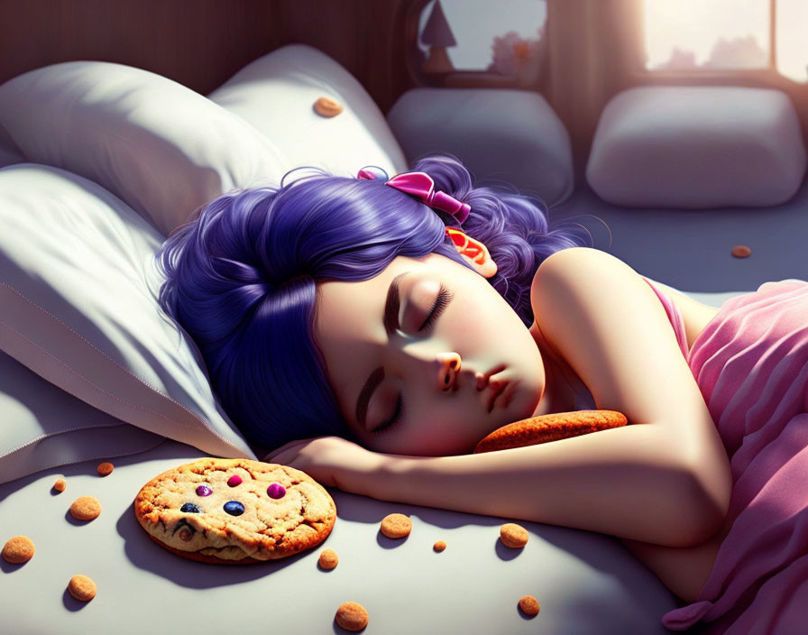 anime girl sleeping with a cookie