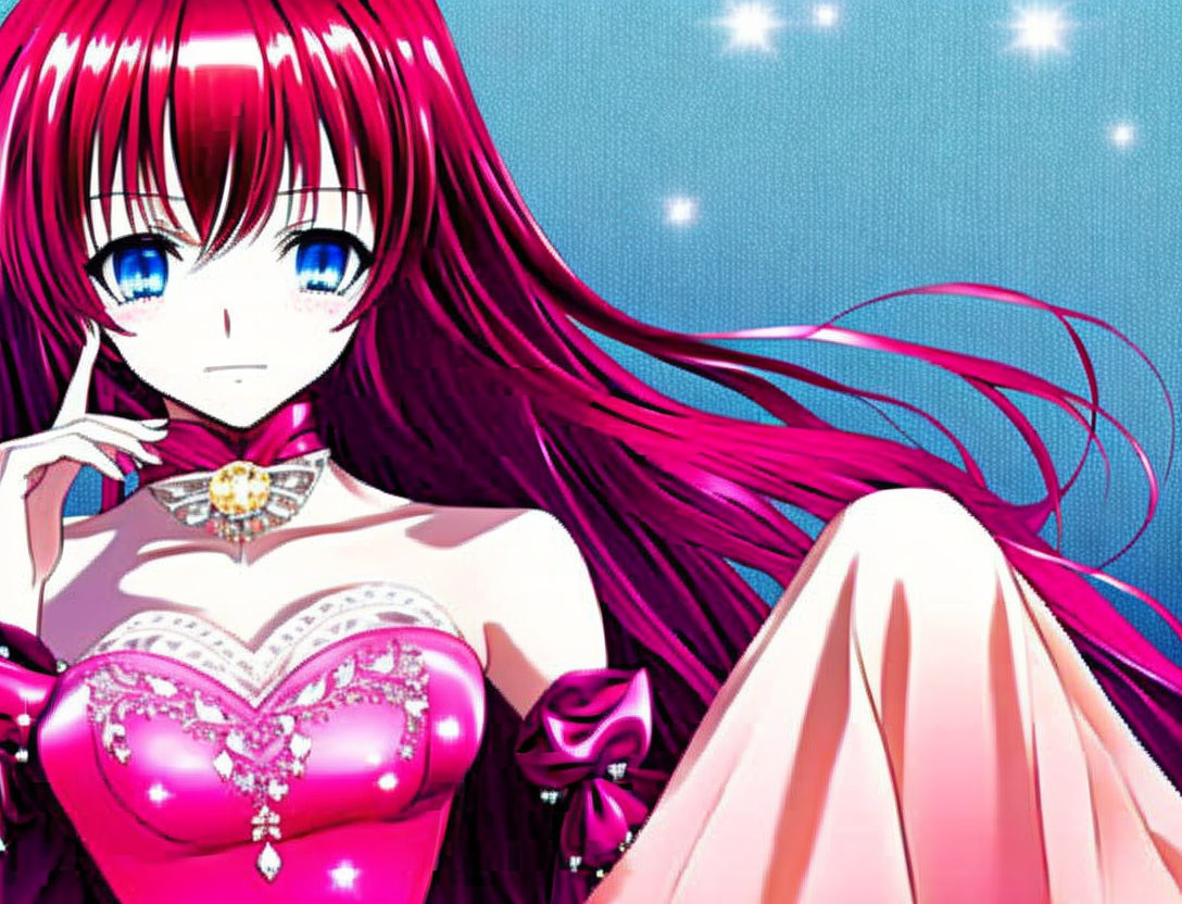 Anime female character with red hair and pink dress.