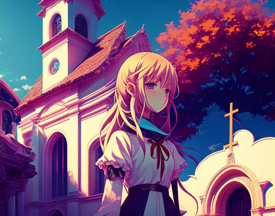 Blond-Haired Girl in Anime Style with Autumn Church Background