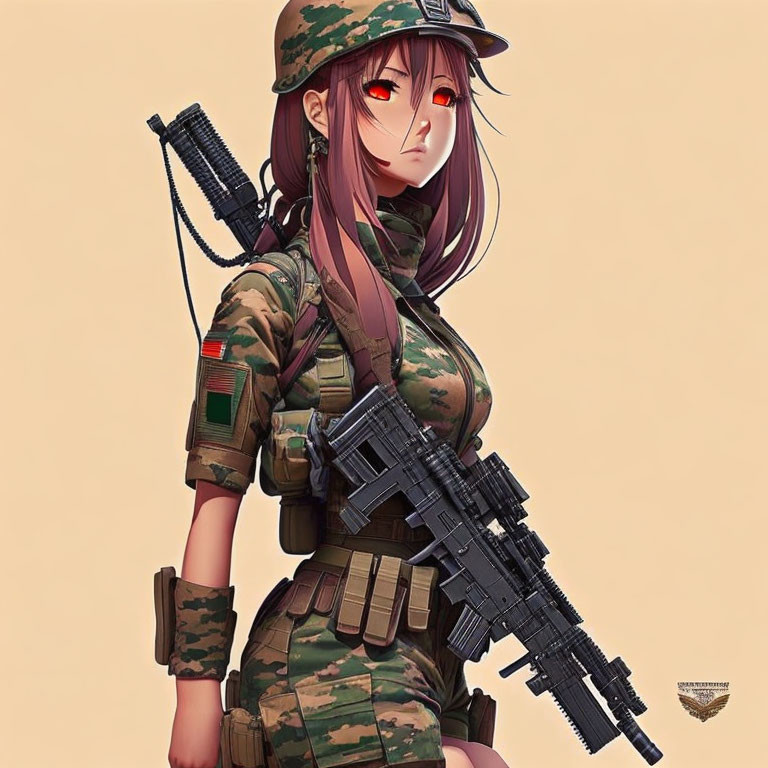 Anime-style Female Character with Red Eyes, Long Hair, Military Uniform, and Assault Rifle