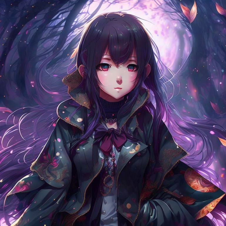 Anime girl with large purple eyes and long black hair in ornate coat with gold accents