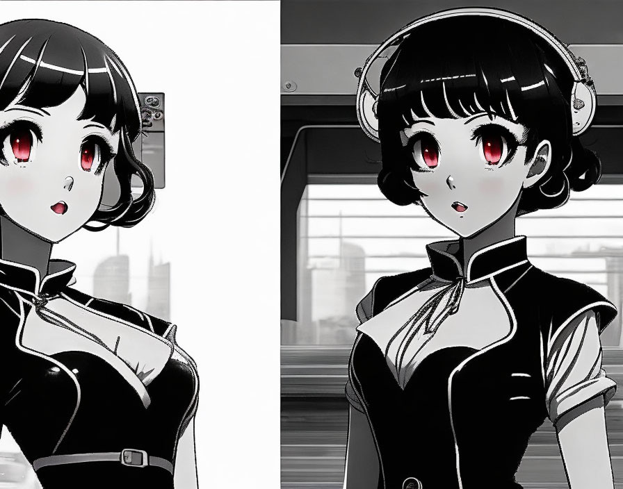 Monochrome illustration of stylized female anime character with short hair and large red eyes in high-coll