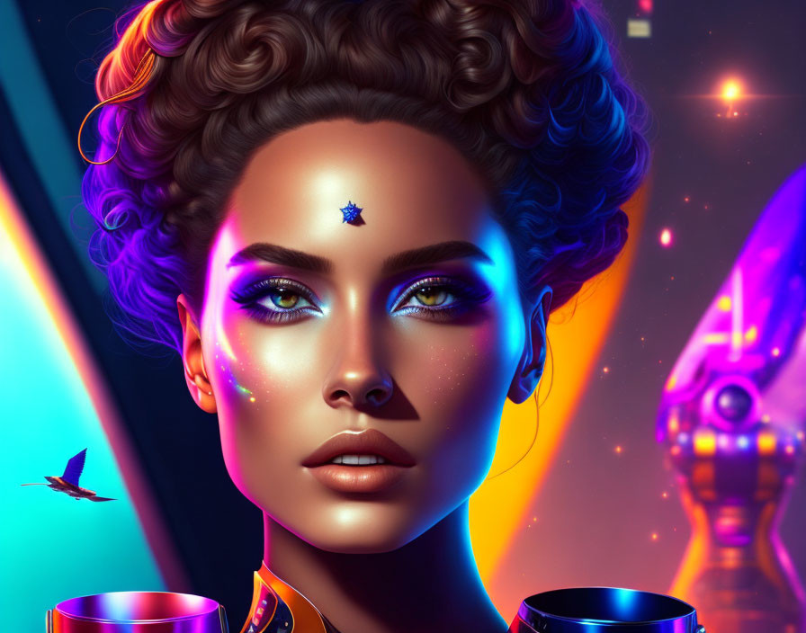 Futuristic digital art: woman with glowing makeup, star on forehead, robot, bird, colorful