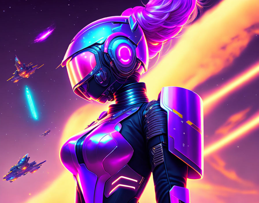 Futuristic female figure in sleek spacesuit gazes at cosmic scene