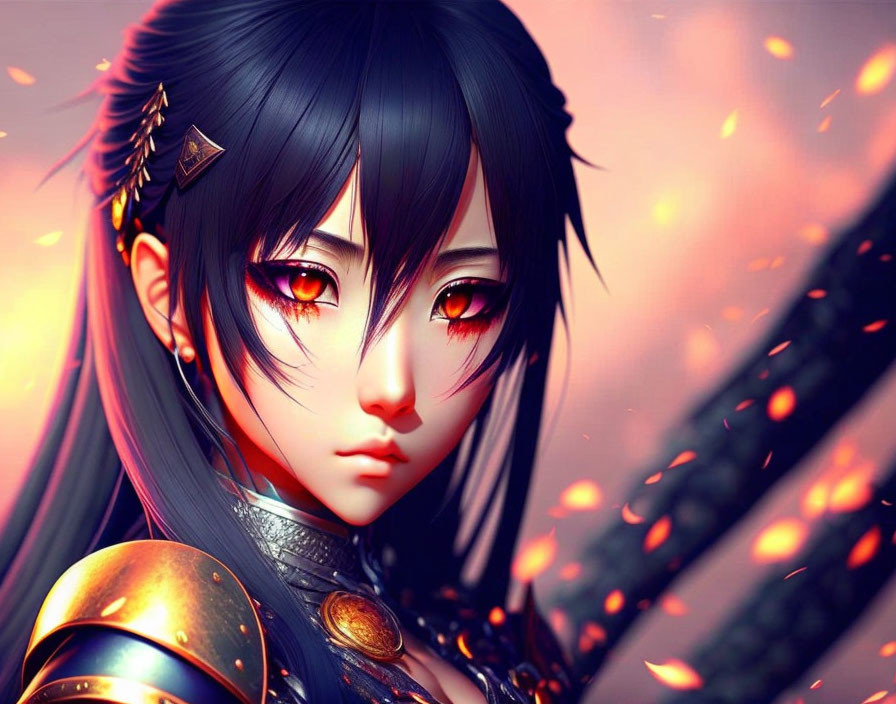 Female warrior with red eyes and sword in animated image