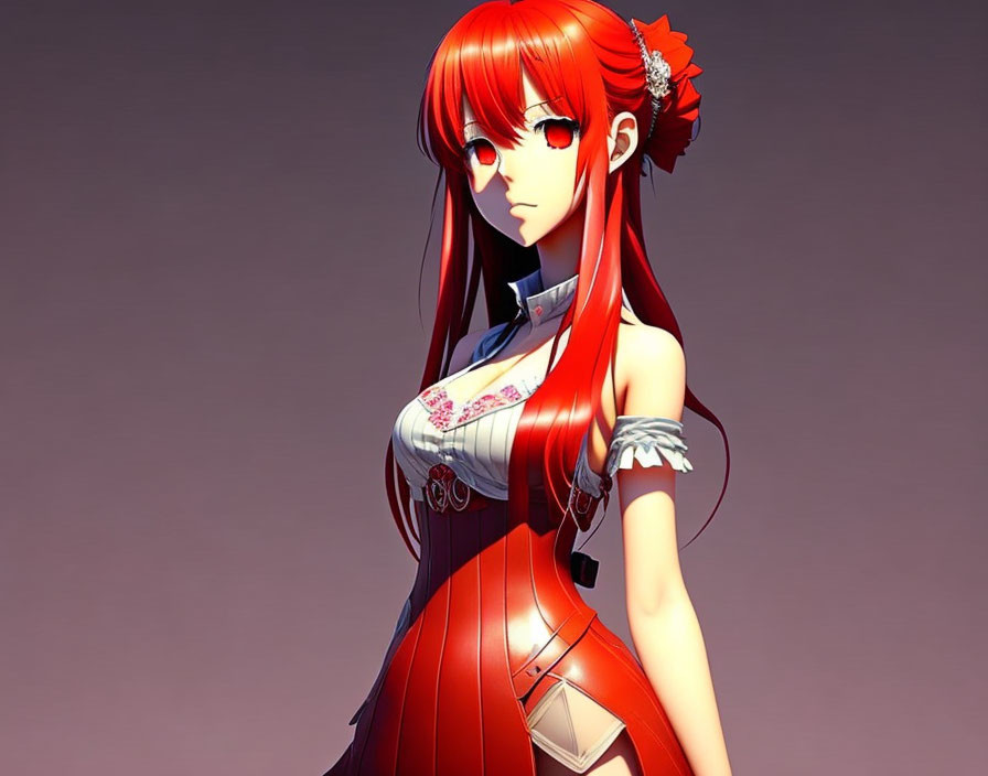 Digital art of female character with long red hair in red dress and white apron