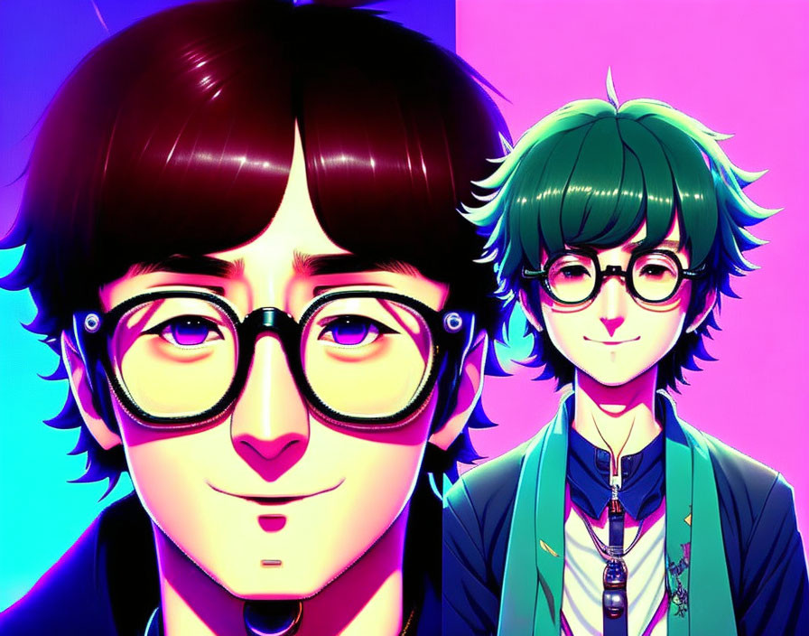 Colorful Stylized Portraits: Characters with Glasses, Similar Hairstyles, Different Hair Colors