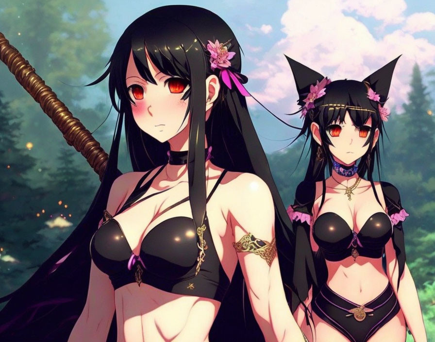 Two characters with black hair and cat ears in anime-style illustration.