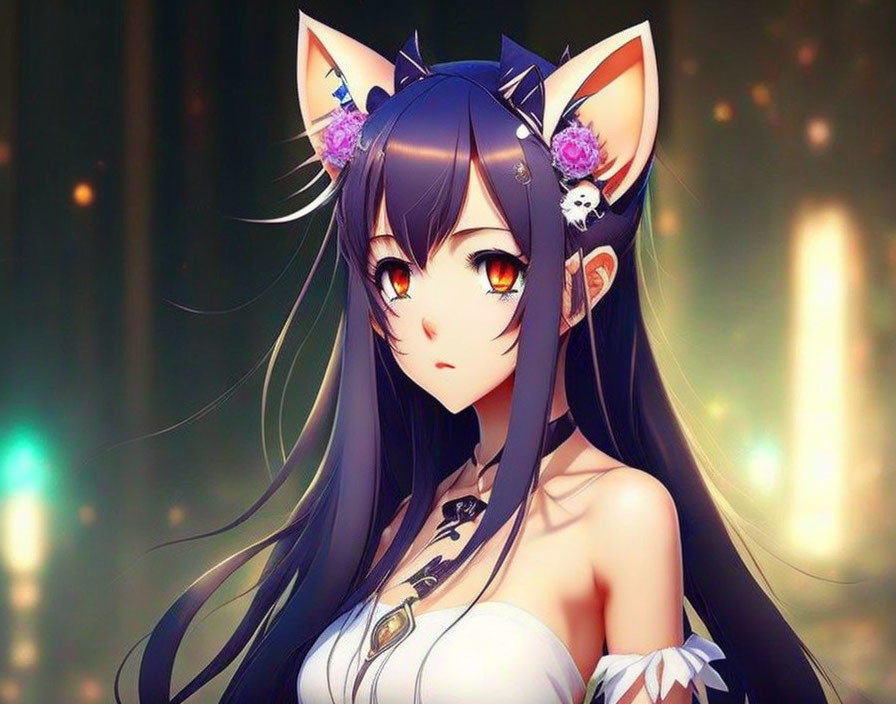 Anime-style female character with cat ears, long black hair, yellow eyes, purple flowers, and skulls