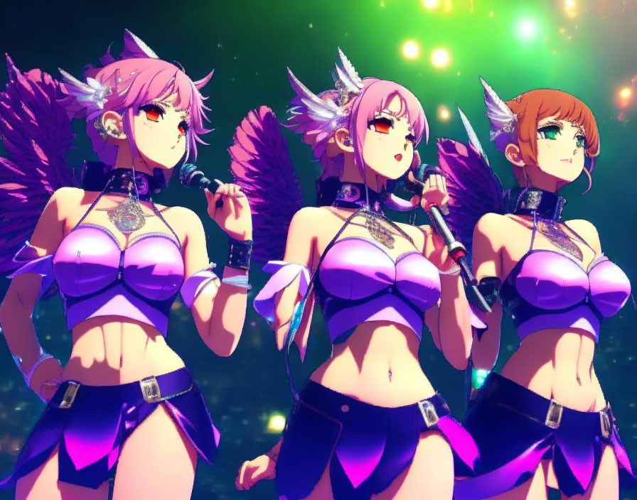 Anime-style female characters with wings and horns in fantasy idol costumes performing on stage.
