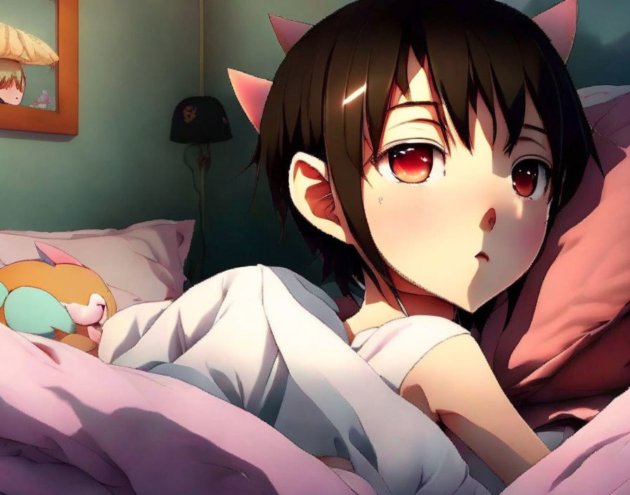 Brown-haired girl with cat ears in bed with plush toy and lamp