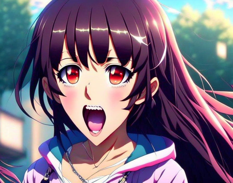 Anime girl with red eyes, dark hair, purple jacket, and necklace