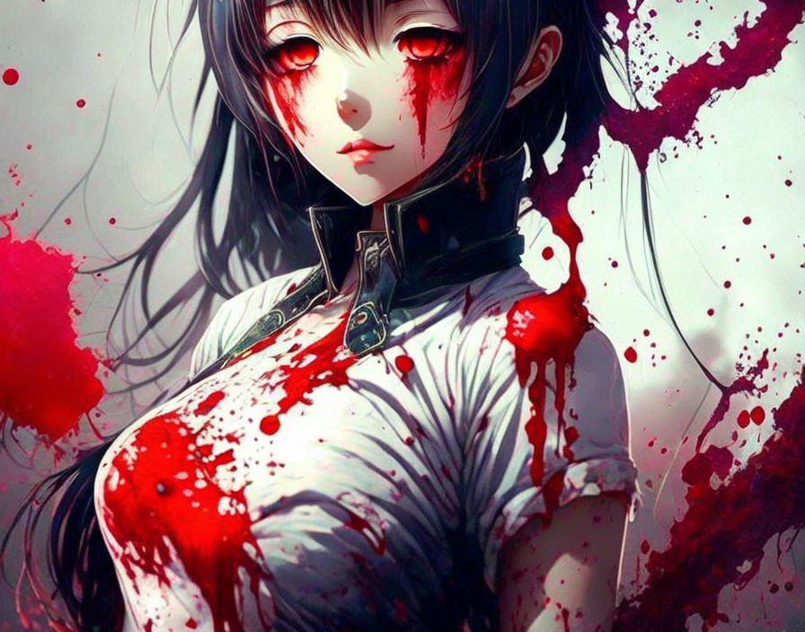 Anime-style illustration of girl with black hair, red eyes, blood-splattered shirt, dark atmosphere
