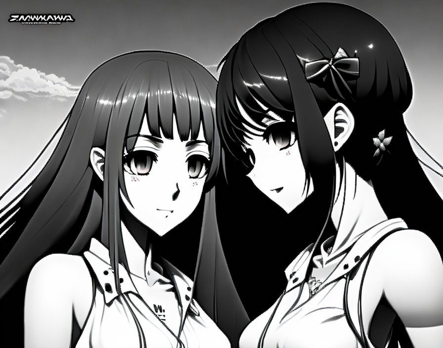 Monochrome anime-style girls with long hair and bow under cloudy sky
