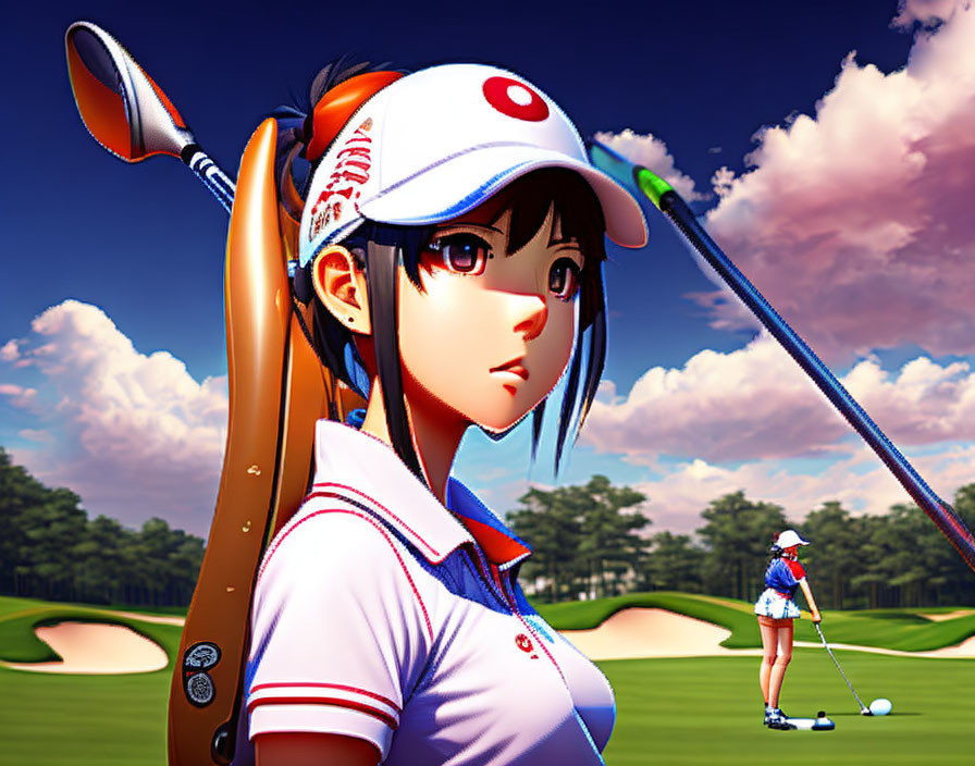 Anime-style female golfer illustration with clubs, cap, and sporty outfit on golf course backdrop