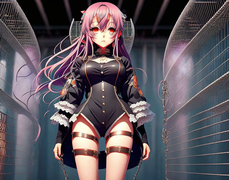 Purple-haired anime character in black outfit by metal fence