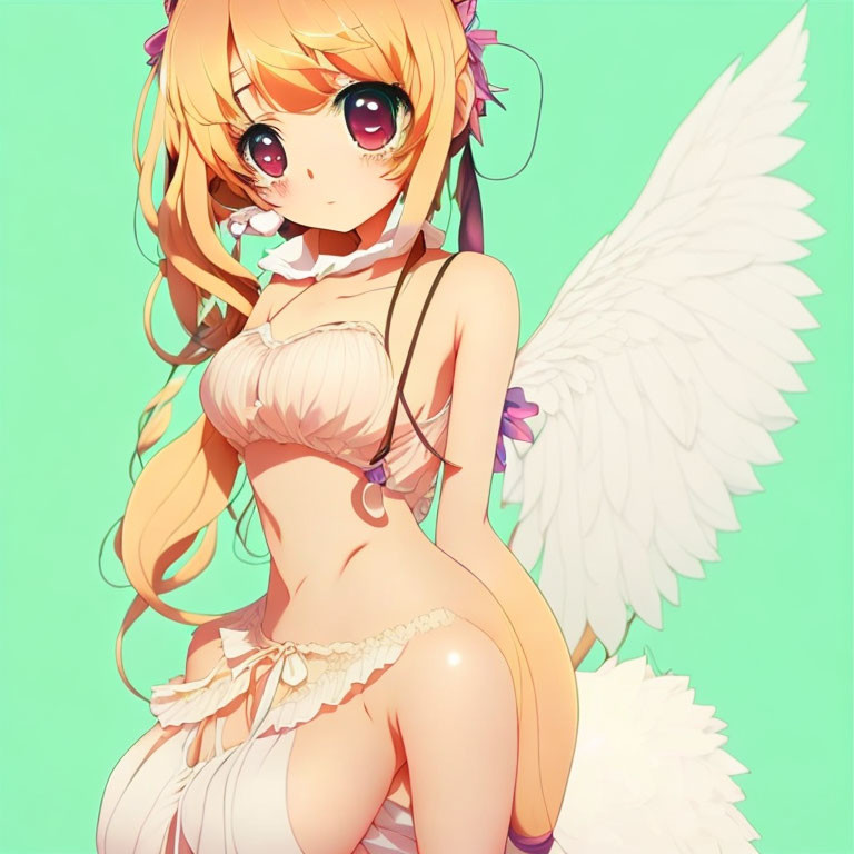 Anime girl with angel wings in white outfit on pastel green background