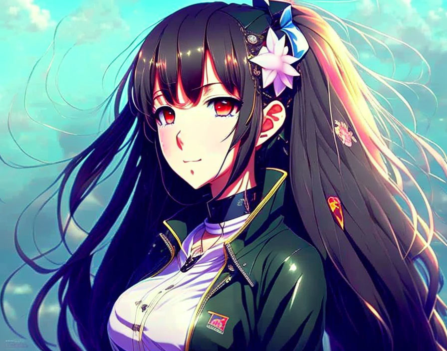 Long Black-Haired Anime Girl with Purple Eyes and Flower Hair Accessory in Green Jacket and White Shirt