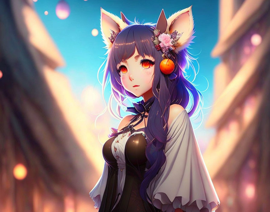 Blue-haired anime character with fox ears and orange eyes in floral accessory against warm bokeh-lit backdrop