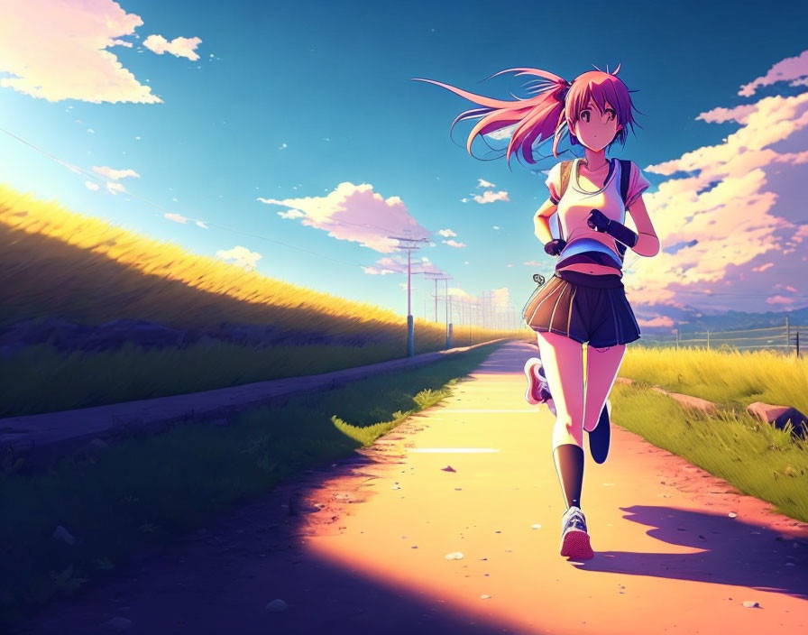Pink-Haired Animated Girl Jogging on Sunny Rural Road