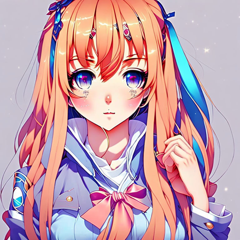 Orange-Haired Anime Girl with Blue Highlights and Sparkling Purple Eyes in Blue and White Outfit