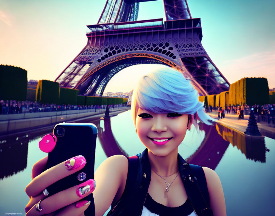 Young woman with blue hair takes selfie at sunset in front of Eiffel Tower