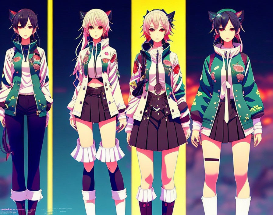 Four anime-style girls in matching jackets and cat ears, diverse outfits, and hairstyles.