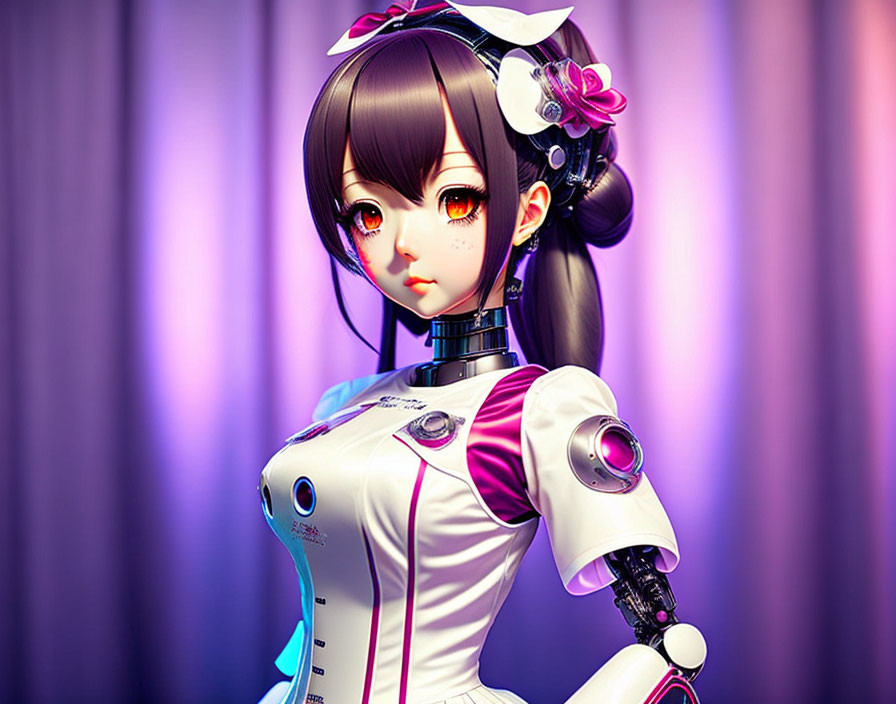 Detailed Anime-Style Female Robot in White and Pink Outfit