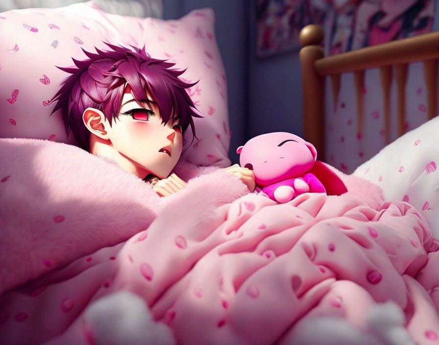 Purple-Haired Anime Character Sleeping with Pink Plush Toy in Bed