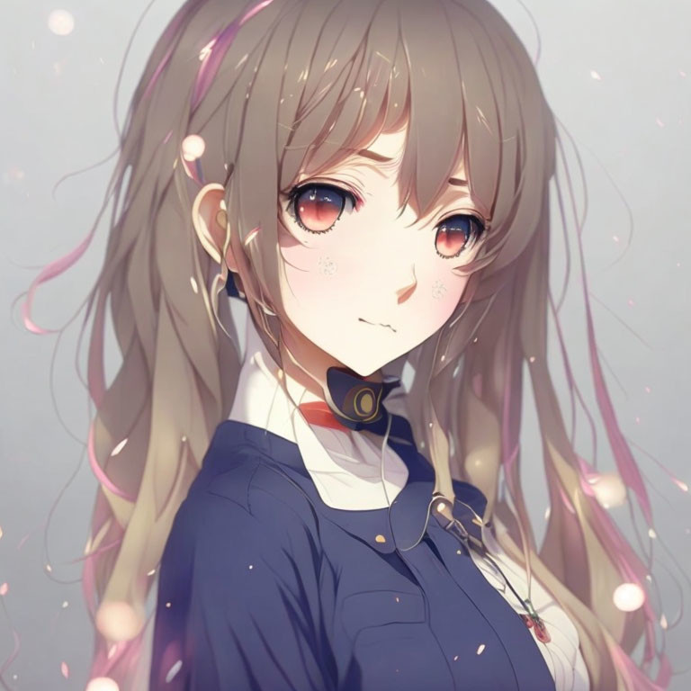 Anime girl with long wavy hair and blushing cheeks in school uniform.