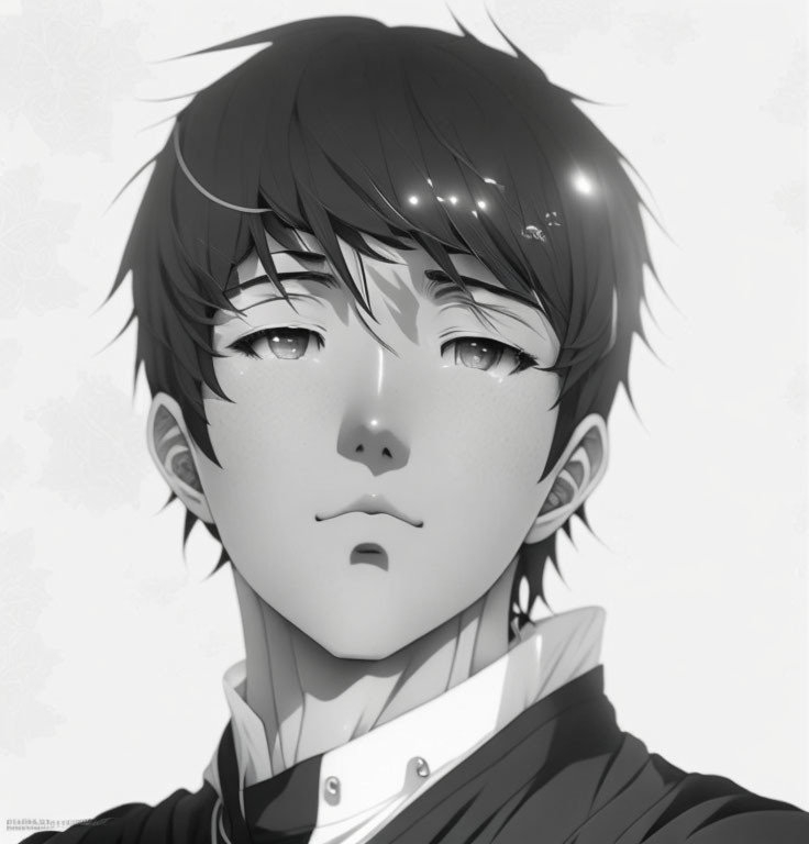 Monochrome illustration of young person with dark hair, fair skin, and light eyes gazing upwards.