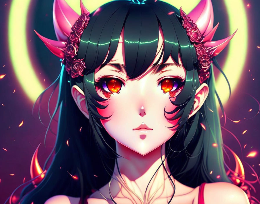 Anime-style character with black hair, horns, and glowing red eyes in fiery setting