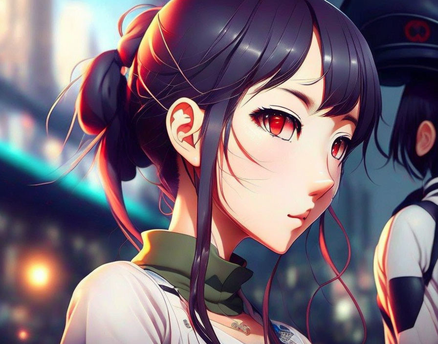Anime-style girl with red eyes and dark hair in ponytail in military outfit with cap in cityscape