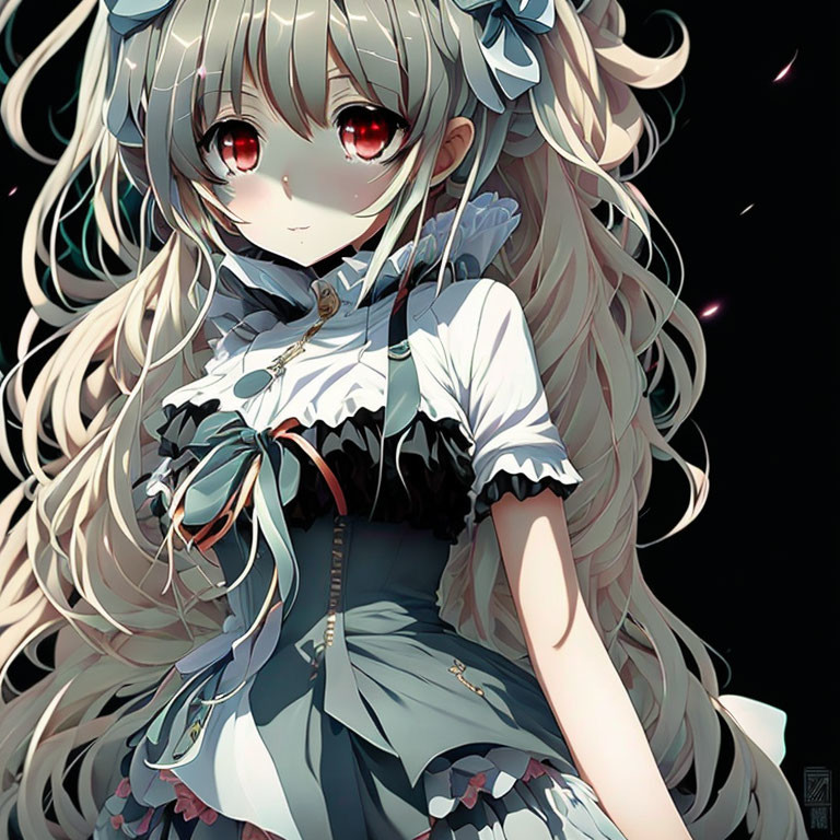 Anime-style girl with long silver hair and red eyes in detailed dress on dark background.