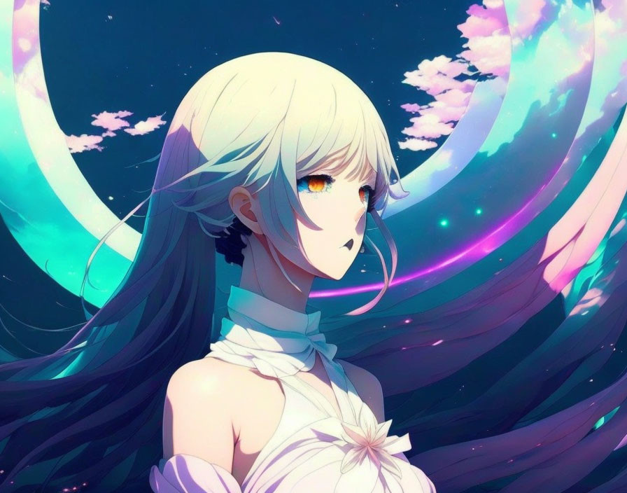 Female Anime Character with Silver Hair in White Dress and Mystical Background