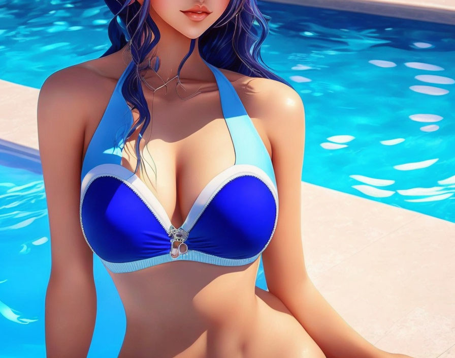 Illustration of woman in blue & white bikini by poolside with blue hair