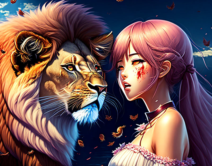  anime girl being atacked by lions