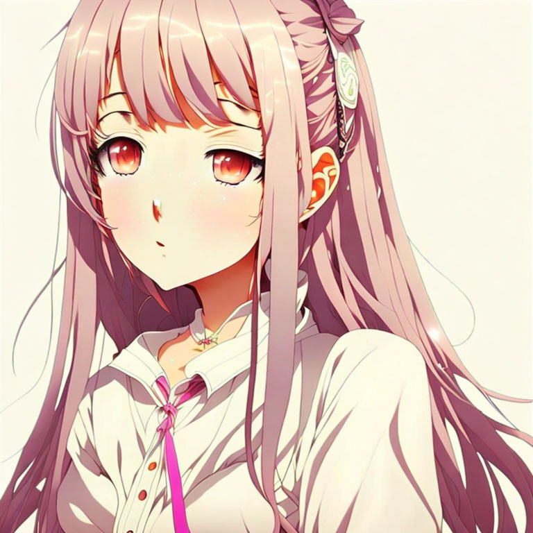 Anime-style girl with long pink hair, amber eyes, white shirt with ribbon.