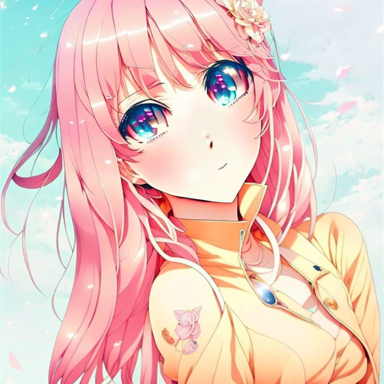 Pink-haired anime girl with blue eyes and floral hair accessory on soft blue sky background