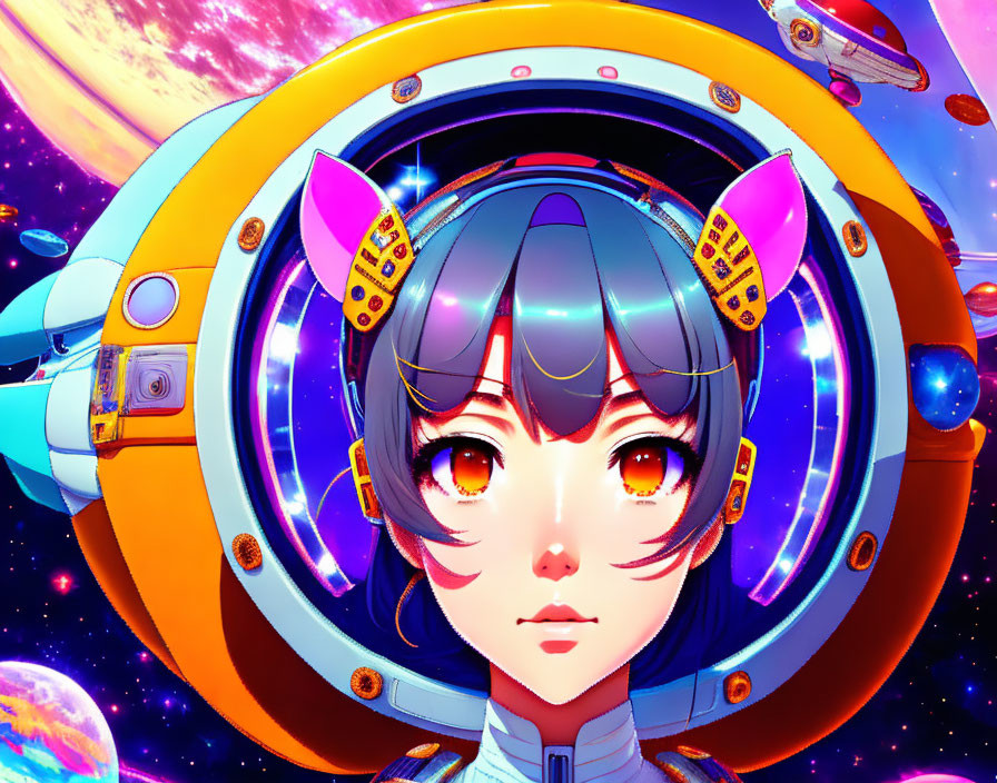 Colorful character illustration with futuristic helmet and cat ears on cosmic background.