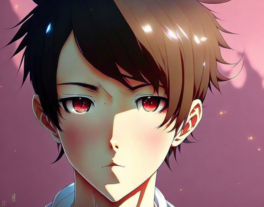 Anime character with brown hair and red eyes on pink background