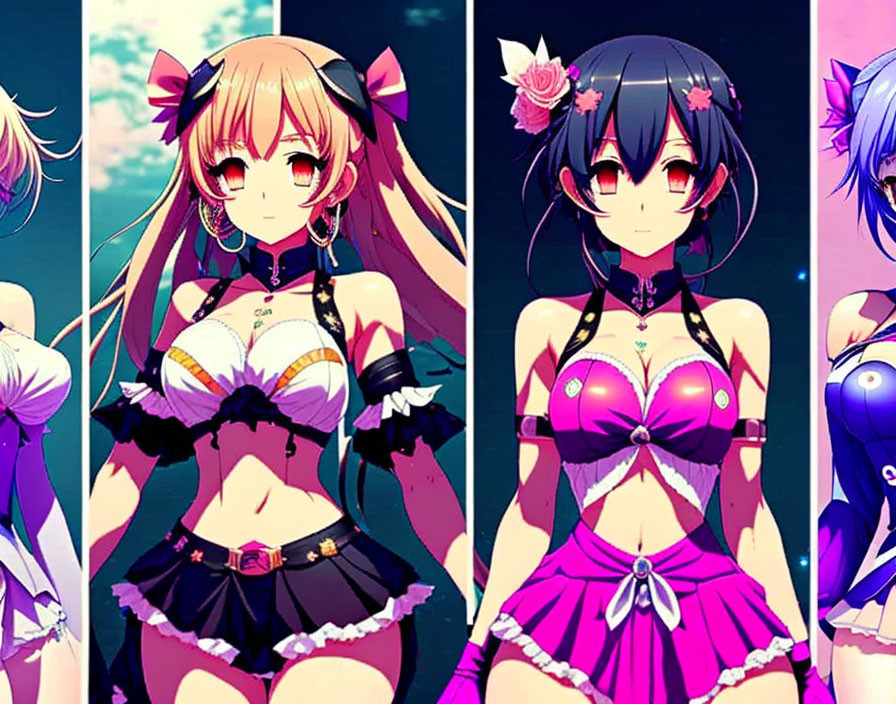 Vibrant anime-style female characters with colorful hair and elaborate outfits on gradient background