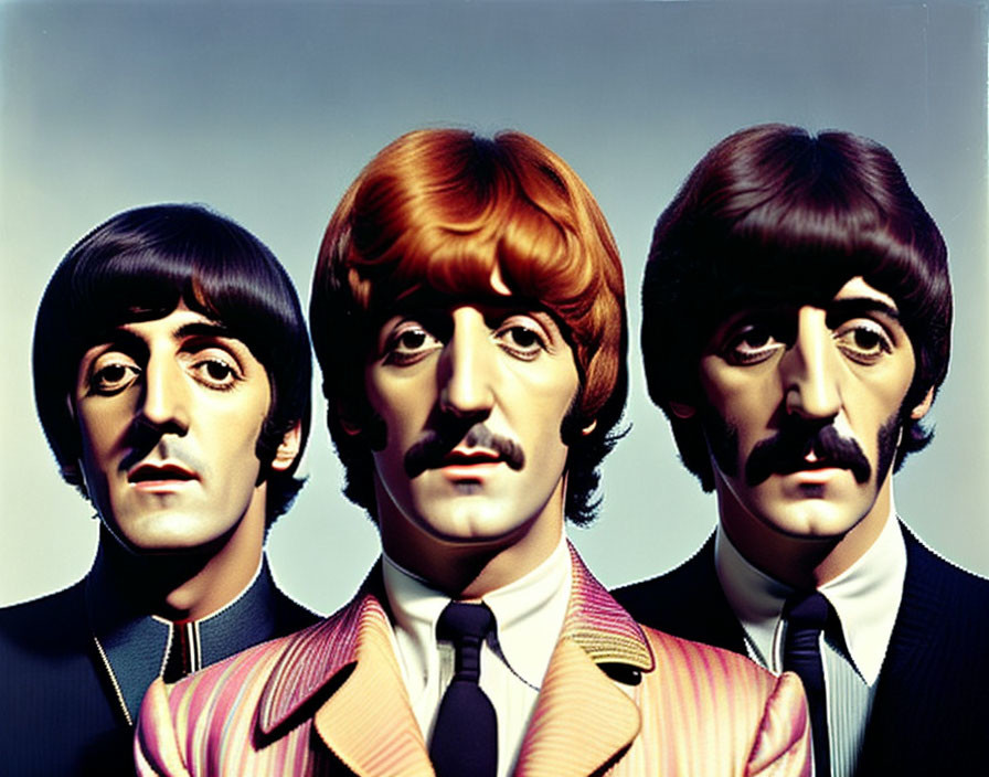 Exaggerated caricature figures of a famous band in 1960s style