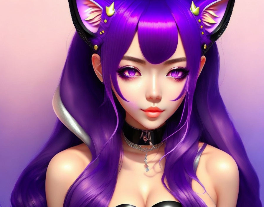 anime girl, purple hair, cat ears