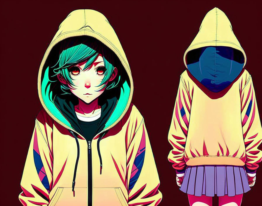 Stylized characters in hoodies with green hair on red background